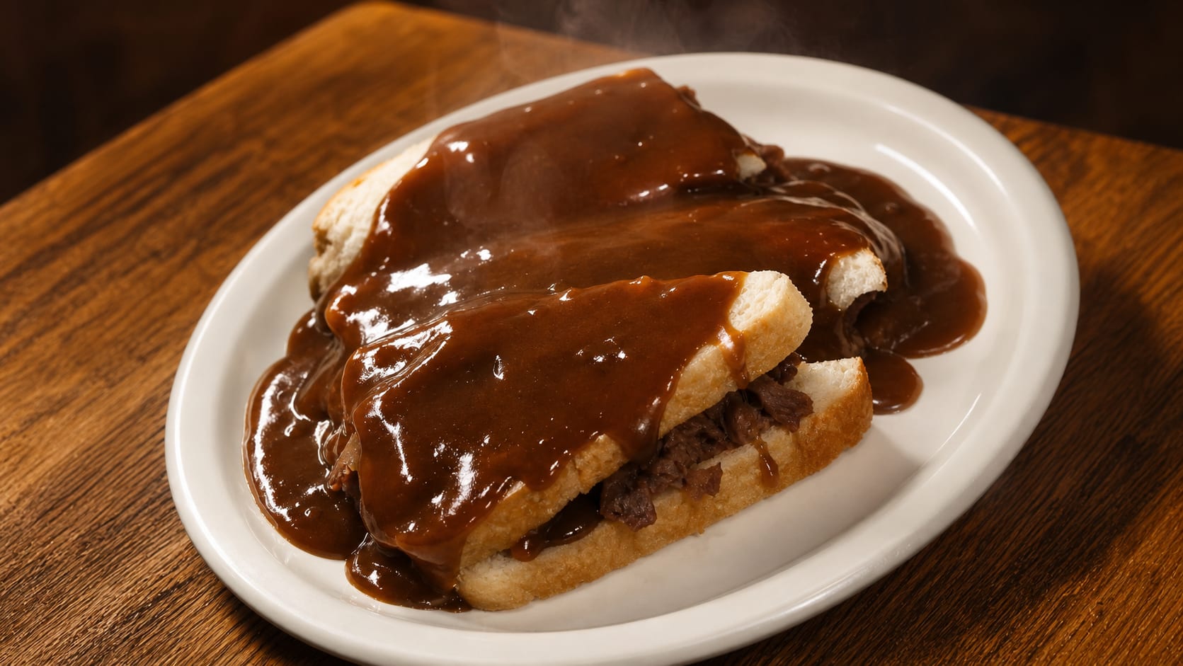Hot beef sandwich smothered in gravy over mashed potatoes